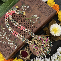 Vriksham Peacock With Lakshmi Style Pendant 2 Layer Green Beaded Mala-Red White-White Aqua Bead-J3327