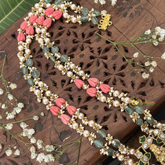 Vriksham Peacock With Lakshmi Style Pendant 2 Layer Green Beaded Mala-Red White-White Aqua Bead-J3327