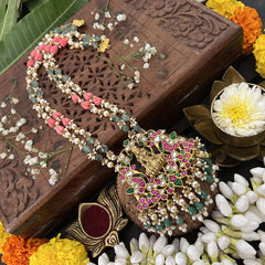 Vriksham Peacock With Lakshmi Style Pendant 2 Layer Green Beaded Mala-Red White-White Aqua Bead-J3327