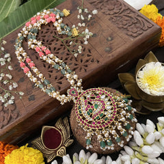 Vriksham Peacock Pendant 2 Layer Green Beaded Mala-Red White-White Aqua Bead-J3328