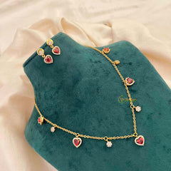Vriksham Ruby Red Heart Dangle Necklace Set With Matching Studs Pendant Chain-G21812