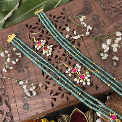 Vriksham Half Moon Pendant Jadau Kundan 3 Layered Aqua Green Mala-Off White Beads-J3282