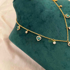 Vriksham Classic Heart Dangle Necklace Set With Matching Studs Pendant Chain-Aqua Green-G21813