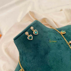 Vriksham Classic Heart Dangle Necklace Set With Matching Studs Pendant Chain-Aqua Green-G21813