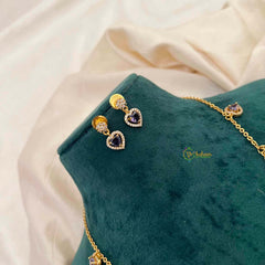 Vriksham Classic Heart Dangle Necklace Set With Matching Studs Pendant Chain-Purple-G21814