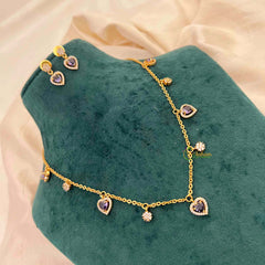 Vriksham Classic Heart Dangle Necklace Set With Matching Studs Pendant Chain-Purple-G21814