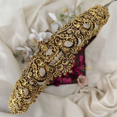 Vriksham Antique Gold Goddess Waist Belt With Peacock AD Stone Motif Bridal Hipbalt-Red-Gold Bead-G19624