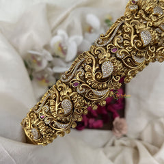 Vriksham Antique Gold Goddess Waist Belt With Peacock AD Stone Motif Bridal Hipbalt-Red-Gold Bead-G19624