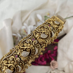 Vriksham Antique Gold Goddess Waist Belt With Peacock AD Stone Motif Bridal Hipbalt-Red-Gold Bead-G19624