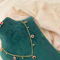 Vriksham Ruby Red & Cubic Zirconia Dainty Charm Necklace Set With Matching Studs Pendant Chain-G21816