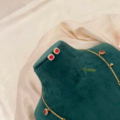 Vriksham Ruby Red & Cubic Zirconia Dainty Charm Necklace Set With Matching Studs Pendant Chain-G21816