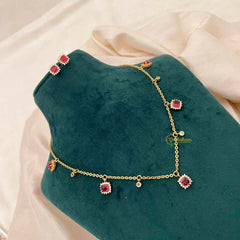 Vriksham Ruby Red & Cubic Zirconia Dainty Charm Necklace Set With Matching Studs Pendant Chain-G21816