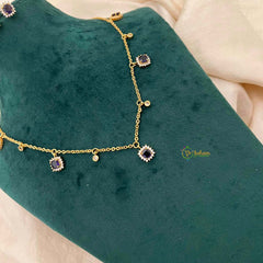 Vriksham Cubic Zirconia Dainty Charm Necklace Set With Matching Studs Pendant Chain-Purple-G21818