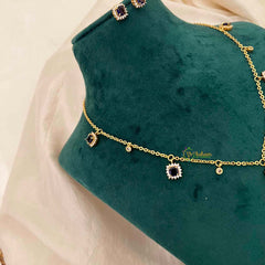 Vriksham Cubic Zirconia Dainty Charm Necklace Set With Matching Studs Pendant Chain-Purple-G21818