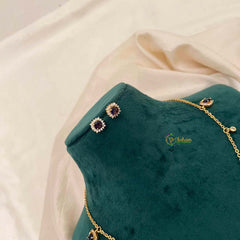 Vriksham Cubic Zirconia Dainty Charm Necklace Set With Matching Studs Pendant Chain-Purple-G21818