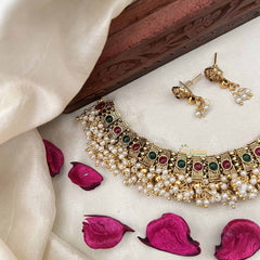 Vriksham Unique Gold Look Pearls Style Choker Neckpiece-Green Red-G20386