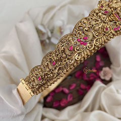 Vriksham Peacock Embossed Lakshmi Waist Ornament Bridal Hipbalt-Red-Gold Bead-G19629