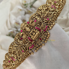 Vriksham Peacock Embossed Lakshmi Waist Ornament Bridal Hipbalt-Red-Gold Bead-G19629