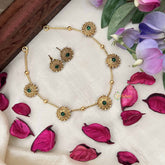 Vriksham Elegant 5 Sunflower Sparkle Gold Tone Round Neckpiece-Green-G20382