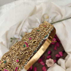 Vriksham Peacock Embossed Lakshmi Waist Ornament Bridal Hipbalt-Red Green-Green Bead-G19627