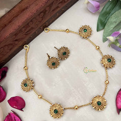 Vriksham Elegant 5 Sunflower Sparkle Gold Tone Round Neckpiece-Green-G20382
