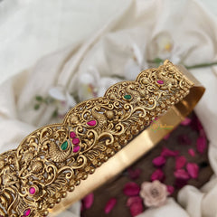 Vriksham Peacock Embossed Lakshmi Waist Ornament Bridal Hipbalt-Red Green-Gold Bead-G19630