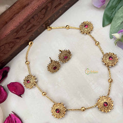 Vriksham Elegant 5 Sunflower Sparkle Gold Tone Round Neckpiece-Red-G20380