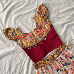 White & Maroon Indian Traditional Girls Lehenga Set-VS3767