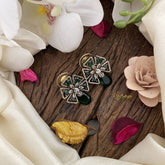 Vriksham Floral Victorian Diamond Studs-Green-G16673