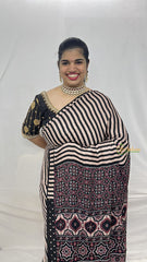 Vriksham Black & Cream Striped Print Ajrakh Modal Silk Saree-VS4442