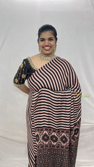 Vriksham Cream & Light Pink Striped Print Designer Ajrakh Modal Silk Saree-VS4449