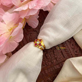 Vriksham Floral Jadau Kundan Finger Ring red stone petals and a white stone in the center-J3676