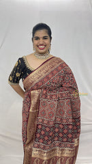 Vriksham Maroon With Floral Print Ajrakh Dola Silk Saree-VS4378