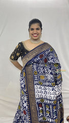 Vriksham Navy Blue Bandhani Print Ajrakh Dola Silk Saree-VS4375