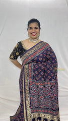 Vriksham Navy Blue Floral Print Ajrakh Dola Silk Saree-VS4374