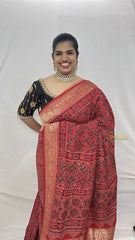 Vriksham Red Ajrakh Dola Silk Saree-VS4382