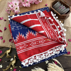 Vriksham Ink Blue Cotton Mulmul Saree With Pom Pom Lace-VS4426