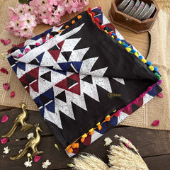 Vriksham White With Tringle Print Cotton Mulmul Saree With Pom Pom Lace-VS4432