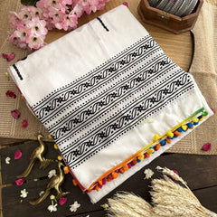 Vriksham White With Butterfly Print Cotton Mulmul Saree With Pom Pom Lace-VS4431