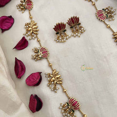 Vriksham Handcrafted Red Lotus Motif Gold Tone With Pearl Droplets Long Neckpiece-G20417