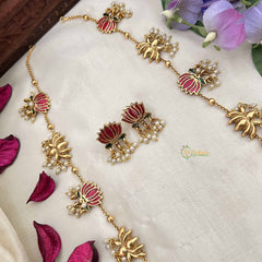 Vriksham Handcrafted Red Lotus Motif Gold Tone With Pearl Droplets Long Neckpiece-G20417