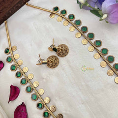 Vriksham Traditional Lakshmi Coin With Green Stone Detailing Design Long Neckpiece-G20418