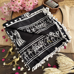 Vriksham Black Cotton Mulmul Saree With Pom Pom Lace-VS4423