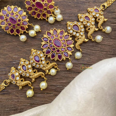 Premium AD Stone Peacock Choker-Red-Pearls-G15349