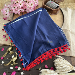 Vriksham Indigo Cotton Mulmul Saree With Pom Pom Lace-VS4424
