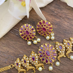 Premium AD Stone Peacock Choker-Red-Pearls-G15349