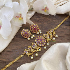 Premium AD Stone Peacock Choker-Red-Pearls-G15349