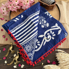 Vriksham Navy Blue Cotton Mulmul Saree With Pom Pom Lace-VS4425