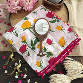 Vriksham White With Floral Print Cotton Mulmul Saree With Pom Pom Lace-VS4435