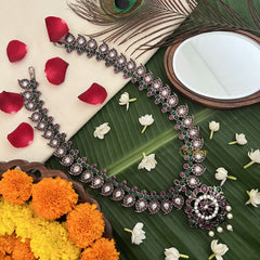 Vriksham Gold‑Tone Ruby Kemp Stone Floral Pendant Long Neckpiece-Red Green & White-Pearl-G19714